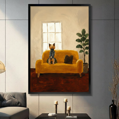 Black framed canvas print of Yorkshire Terrier sitting on mustard yellow sofa gazing out window, oil painting style, displayed on dark wall above console table