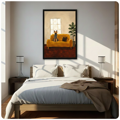 Large framed Yorkie dog wall art above bed, depicting Yorkshire Terrier on golden sofa by bright window with indoor plant in sunlit bedroom