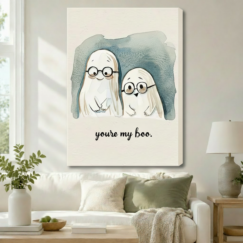 You're My Boo whimsical ghost couple watercolor gallery wrapped canvas hung above a white sofa with sage green cushions and ceramic table lamp in a cozy neutral living room