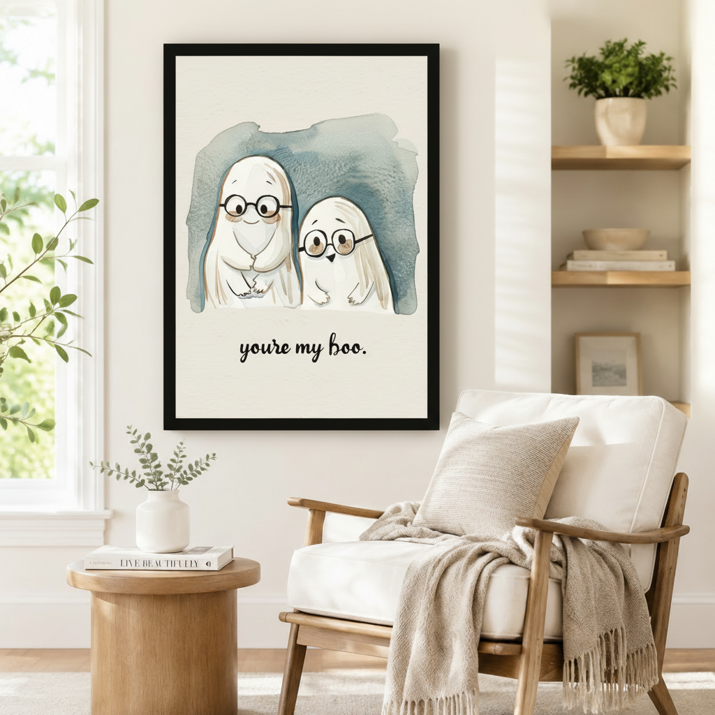 You're My Boo funny ghost pair with round glasses black framed wall art mounted beside a window above a linen armchair with throw blanket in a minimalist Scandinavian reading nook