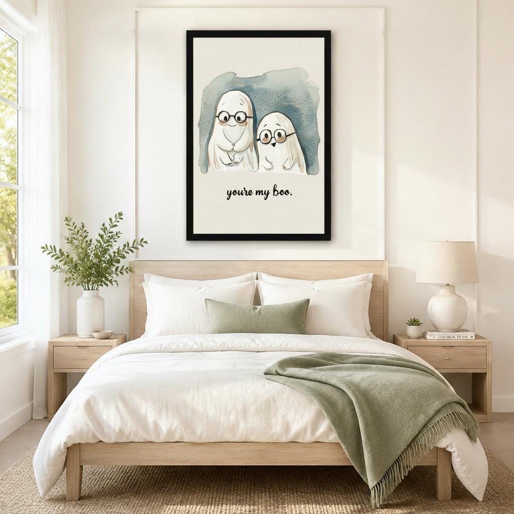 You're My Boo cute ghost couple with glasses romantic watercolor wall art in black frame hung as bedroom focal point above a light wood bed with white linen and sage green accents