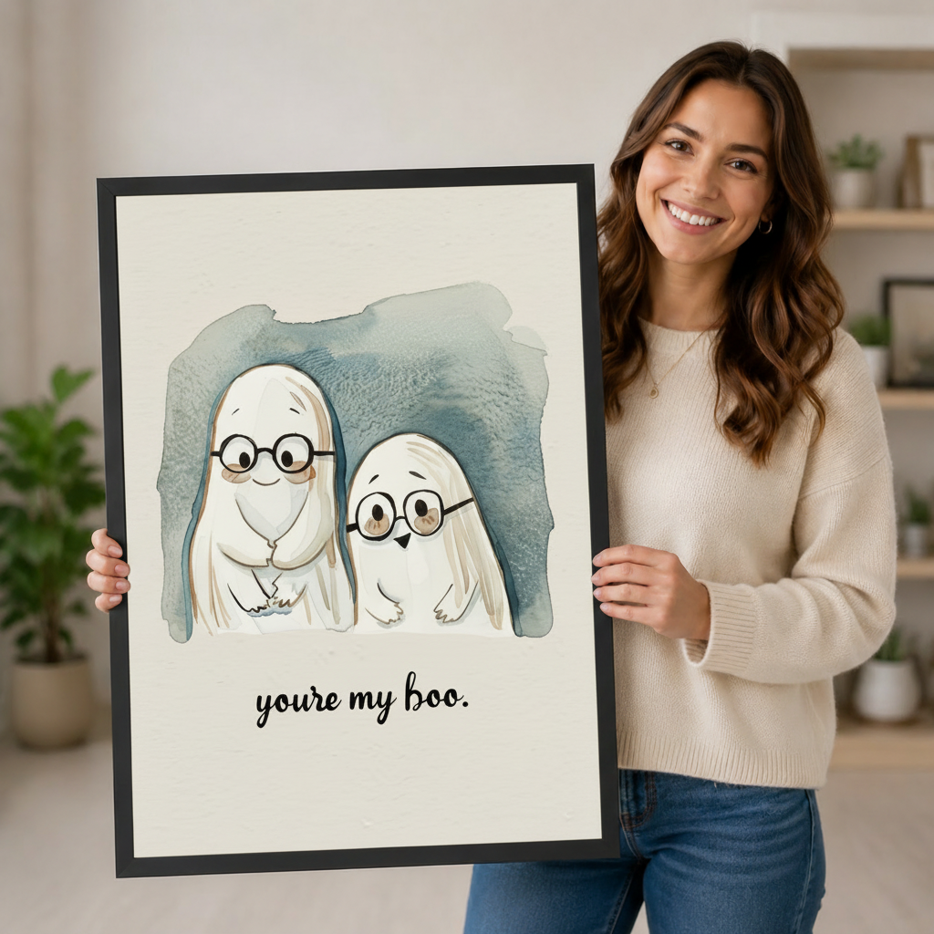 Smiling woman holding large You're My Boo ghost couple watercolor framed art print in black frame, demonstrating print size and artwork detail