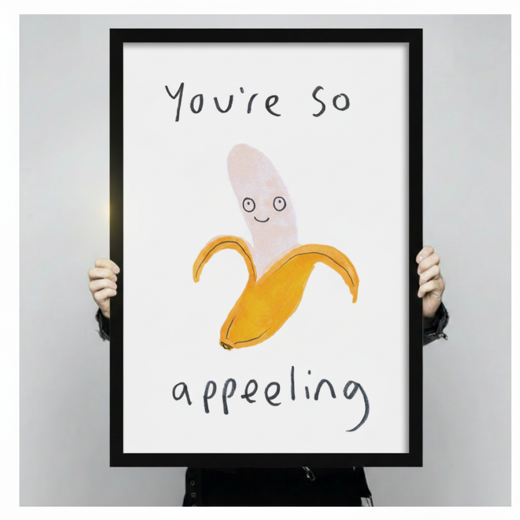 Hand-held black framed canvas print of whimsical smiling banana with "You're So Appealing" hand-lettered pun on white background