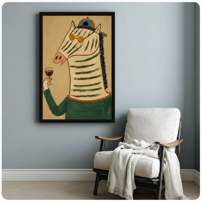 Retro zebra animal figure canvas art in black frame on soft blue-gray wall beside white linen armchair with draped throw blanket, warm kraft background with green stripe detail