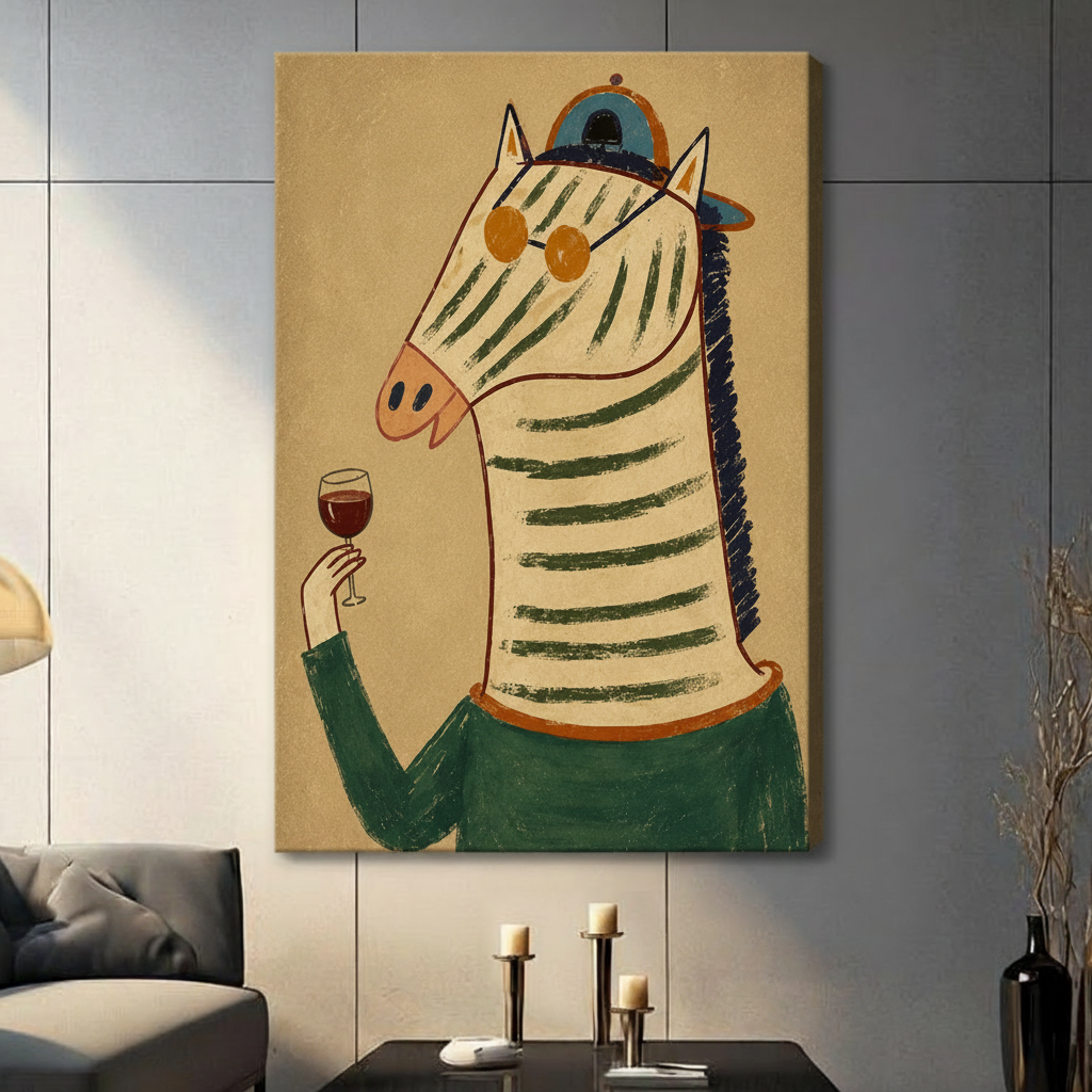 Funky zebra in teal cap and sunglasses holding red wine glass, frameless gallery wrap stretched canvas on gray tile wall above console table with pillar candles, warm kraft wrap edge visible