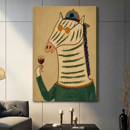 Funky zebra in teal cap and sunglasses holding red wine glass, frameless gallery wrap stretched canvas on gray tile wall above console table with pillar candles, warm kraft wrap edge visible