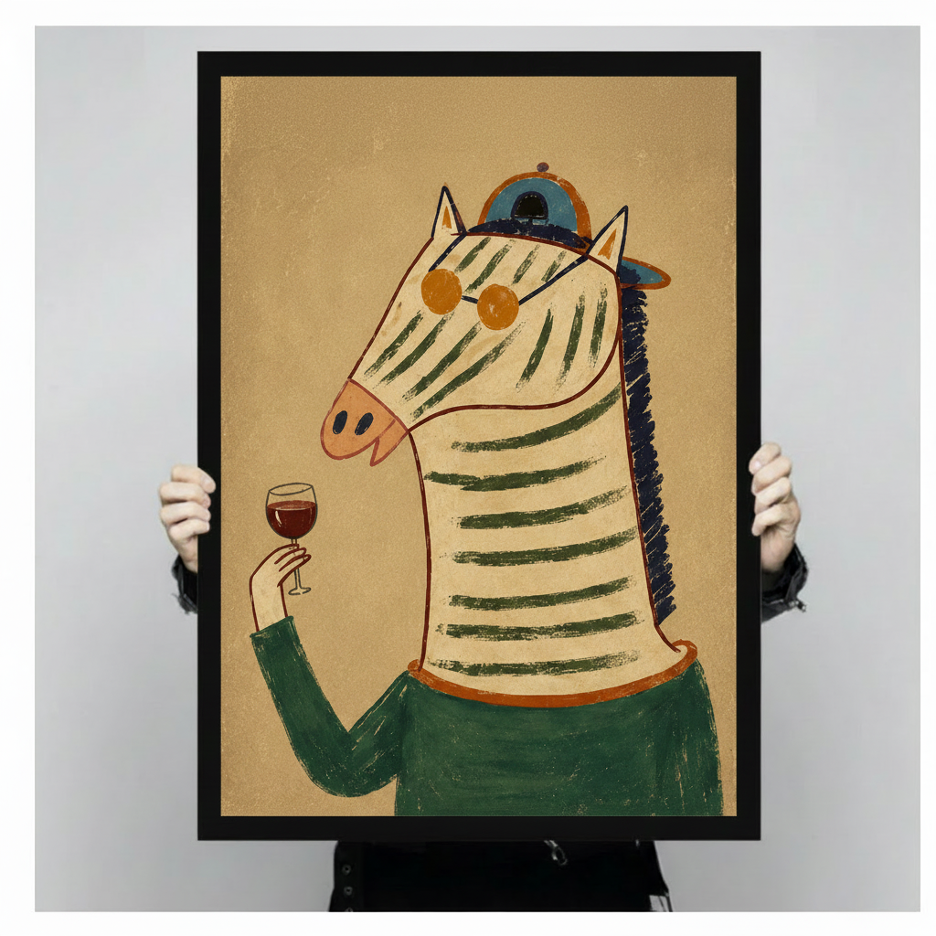 Two hands holding large black framed canvas print of retro zebra in green sweater and teal cap raising a red wine glass, warm antique kraft background against light gray studio backdrop