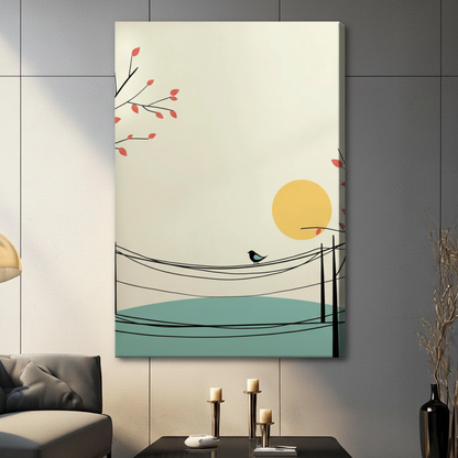 Japanese style bird on power line canvas wrap art hung in a bright living room with neutral tones and warm decor