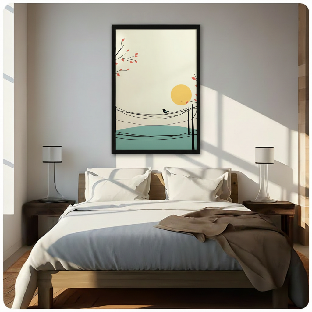 Zen bird on wire canvas wall art above a wooden bed with white linen bedding, bedside lamps, and warm morning light in a minimalist bedroom