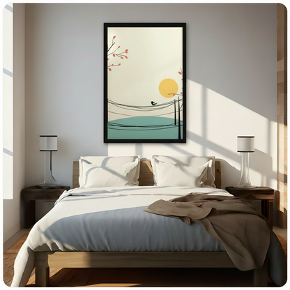 Zen bird on wire canvas wall art above a wooden bed with white linen bedding, bedside lamps, and warm morning light in a minimalist bedroom