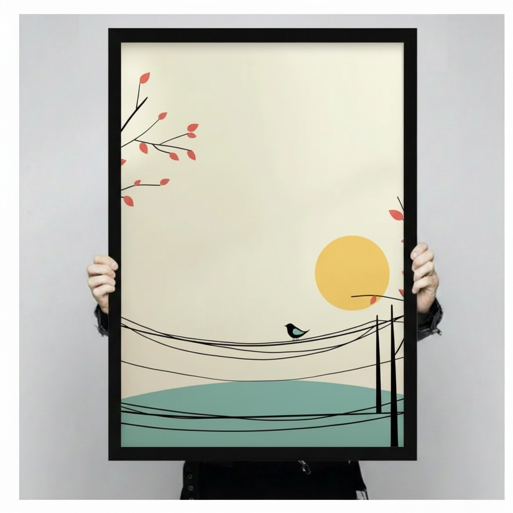 Zen sunset bird on wire framed art print held up against a light gray background showing full print detail