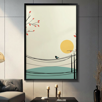 Minimalist bird on wire framed wall art print displayed in a dark modern living room with candlestick decor