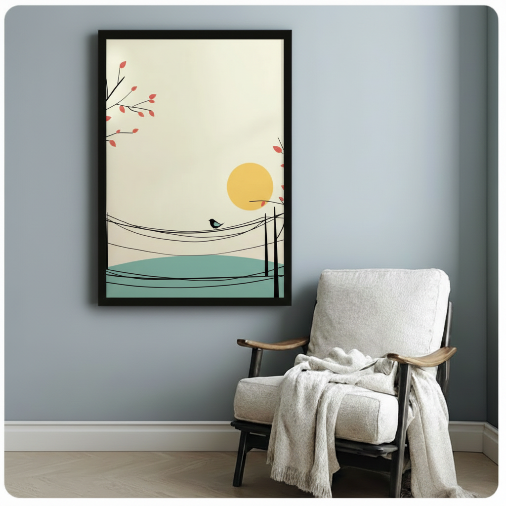 Minimalist bird and golden sun framed poster above a white linen armchair with a cozy throw blanket in a reading nook