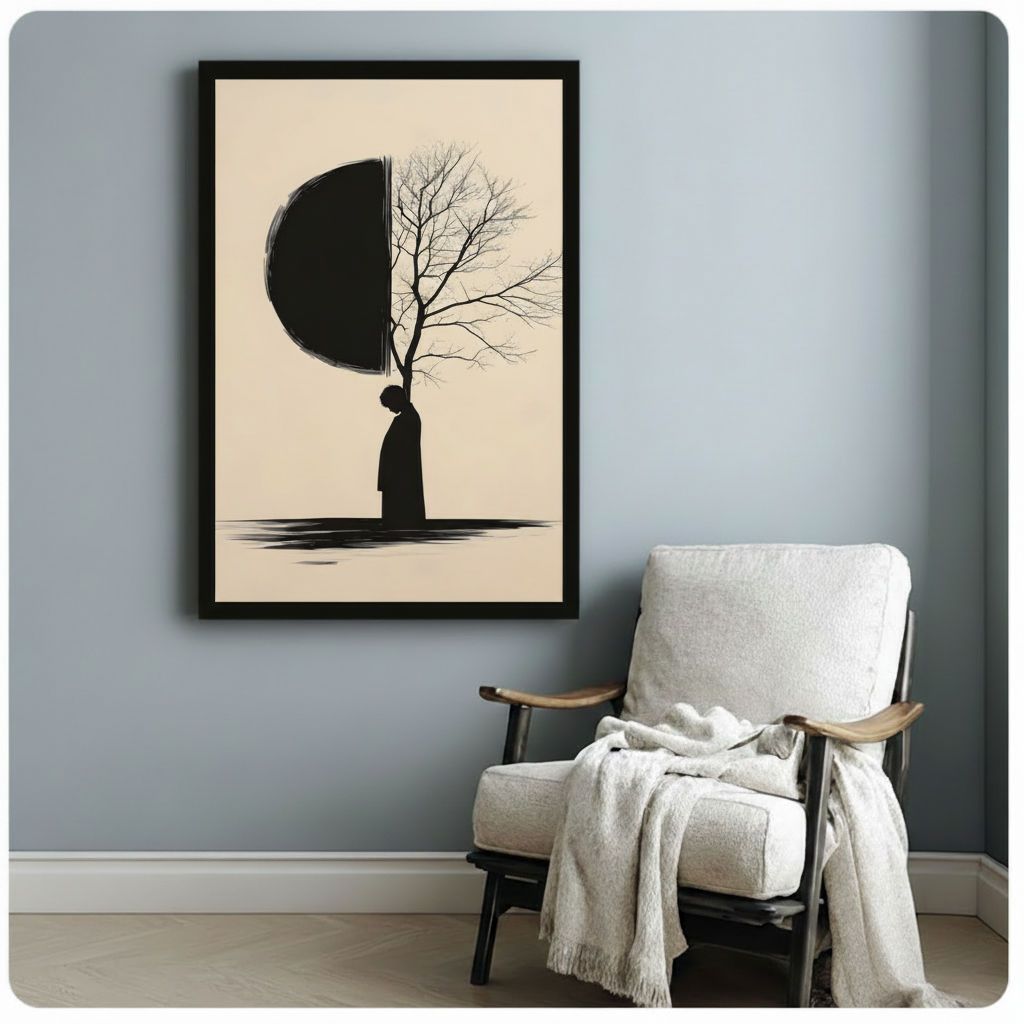 Black framed minimalist zen figure and bare tree silhouette with half circle moon ink canvas art on warm beige background on a soft blue-gray wall beside a white linen folding armchair with a cream throw blanket draped over the arm
