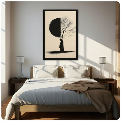 Black framed minimalist zen black figure silhouette with half moon and bare tree branches ink canvas art on warm beige background above a bed with white linen bedding, a taupe throw blanket, dark wood nightstands, and white table lamps in a sunlit modern bedroom