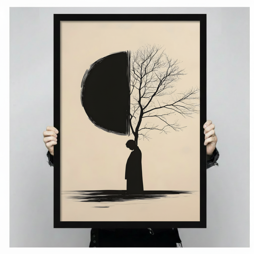 Person holding a black framed minimalist zen ink art solitary figure silhouette merging with half moon and bare tree branches art print on warm beige background against a light gray backdrop