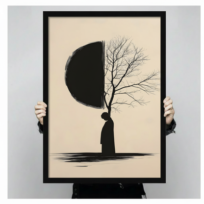 Person holding a black framed minimalist zen ink art solitary figure silhouette merging with half moon and bare tree branches art print on warm beige background against a light gray backdrop