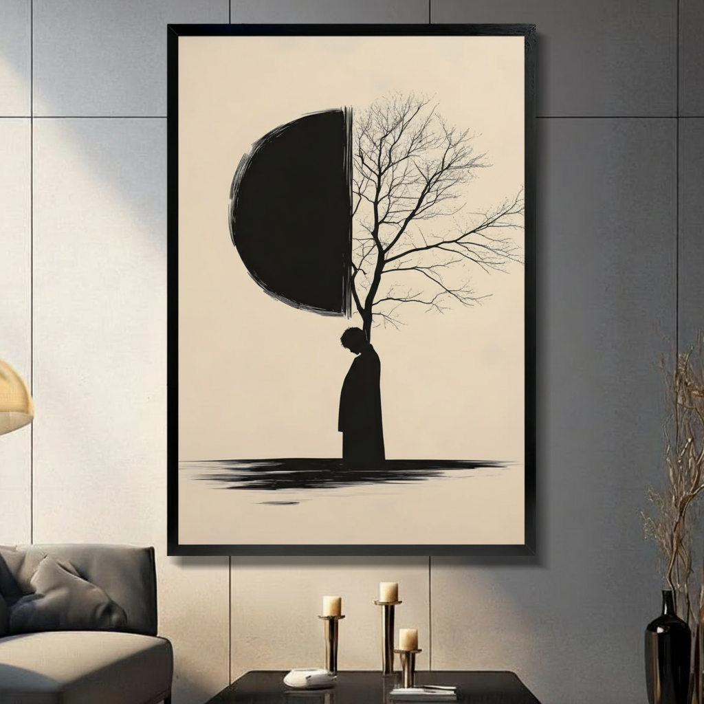 Minimalist zen black figure silhouette merging with half moon and bare tree branches ink art black framed canvas art on warm beige background on a dark gray paneled wall above a charcoal sofa with brass candle holders and a black decorative vase
