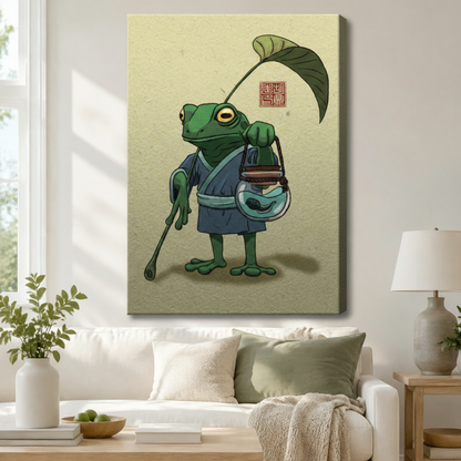 Zen frog in blue kimono holding lotus leaf and fish lantern gallery wrap canvas art above white sofa in modern living room