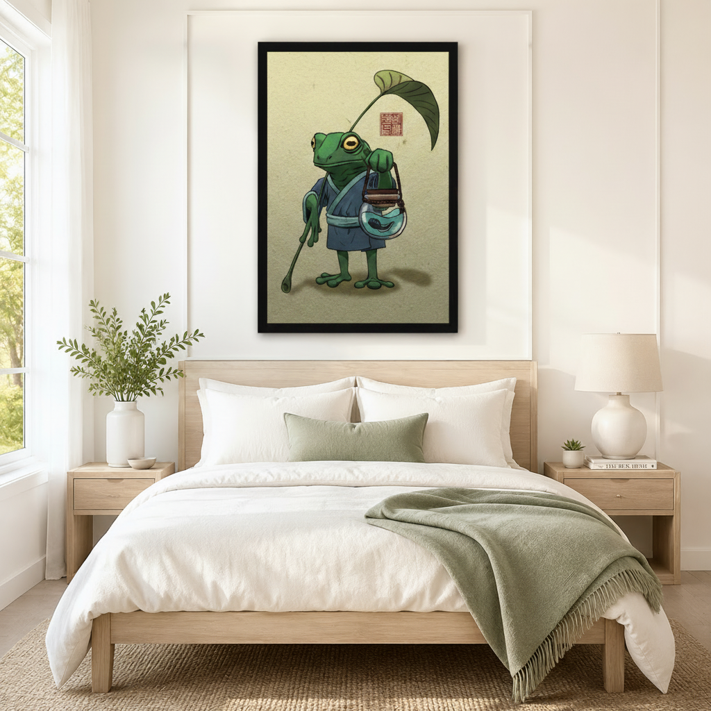 Whimsical zen frog traveler in kimono framed canvas wall art hung above bed as a serene East Asian-inspired bedroom accent
