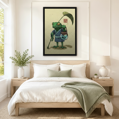 Whimsical zen frog traveler in kimono framed canvas wall art hung above bed as a serene East Asian-inspired bedroom accent