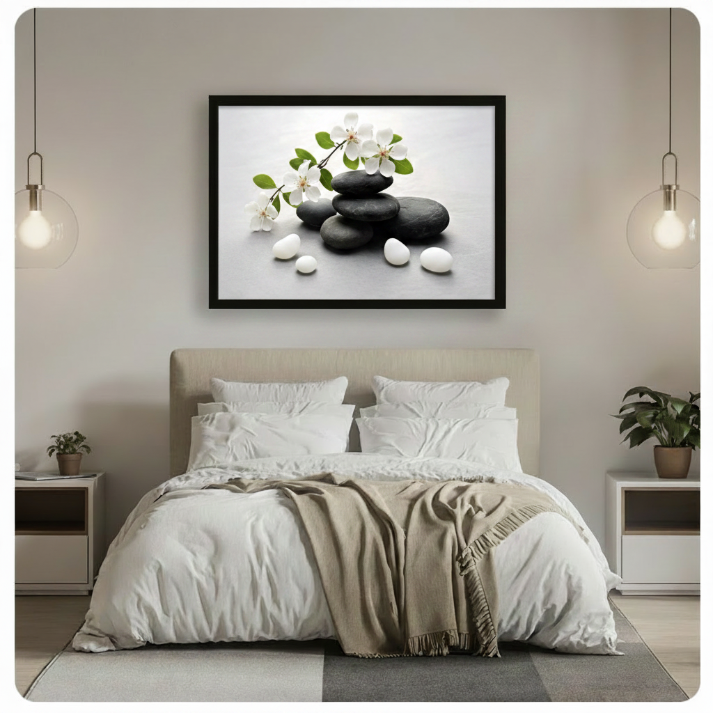 Black framed zen stones and white blossom branch canvas wall art above a beige upholstered headboard with white linen bedding, a taupe throw blanket, white nightstands, potted plants, and globe pendant lights