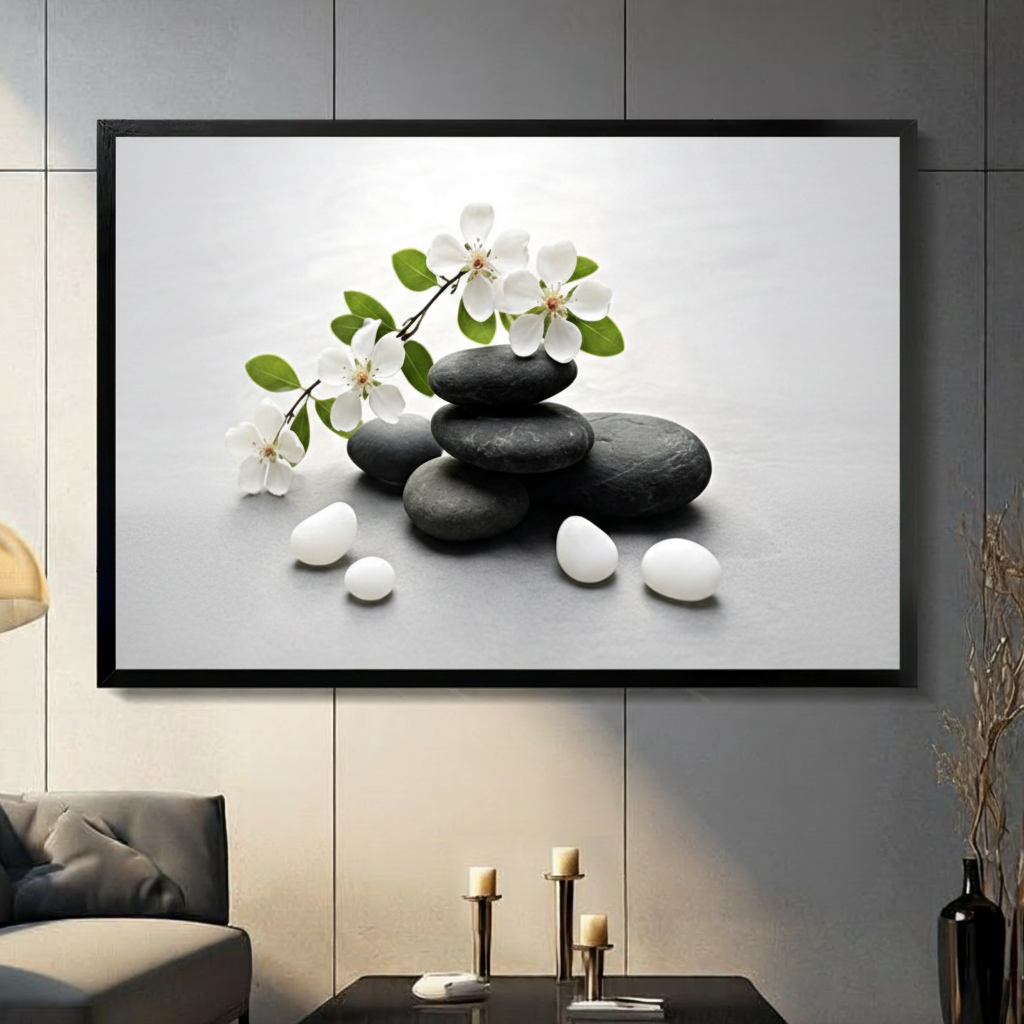 Zen black stacked stones with white cherry blossom branch framed canvas wall art displayed in a modern living room with gray wall and candlestick decor