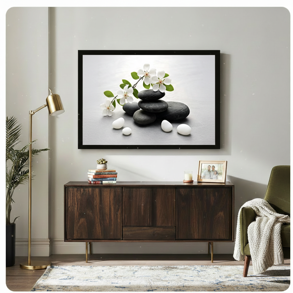 Zen black stones and cherry blossom framed canvas art print hanging above a dark walnut sideboard with gold floor lamp, stacked books, and tropical plant in a modern living room