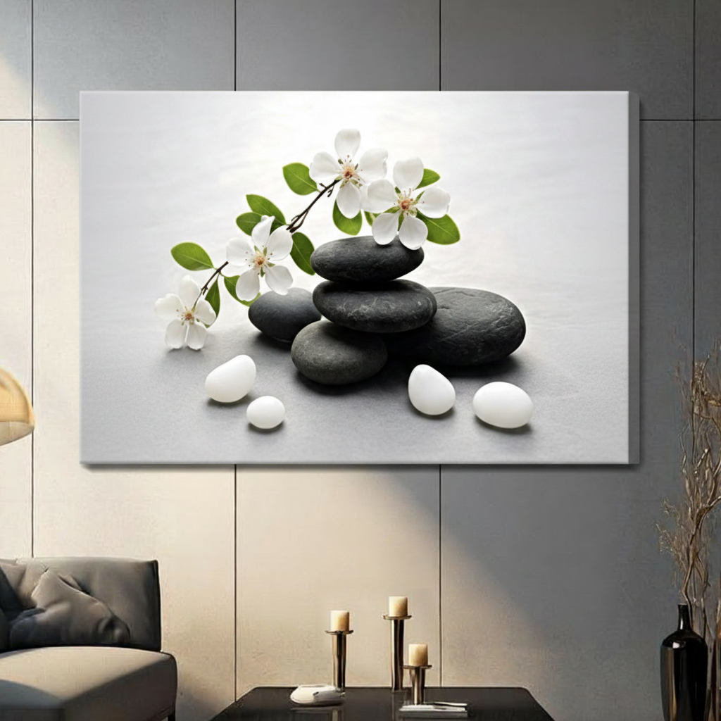 Minimalist zen pebbles and white blossom gallery wrap canvas print mounted on gray wall above a dark console table in a contemporary living room